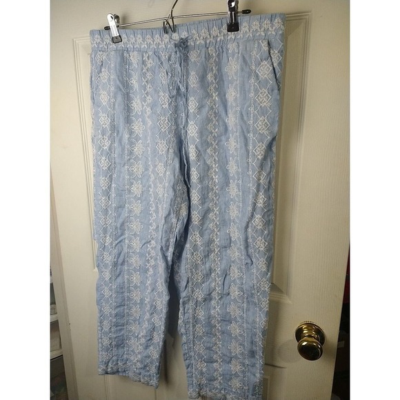 Loft 100 Linen Blue White Embroidery Elastic Waist Pants. Size M - Picture 2 of 12